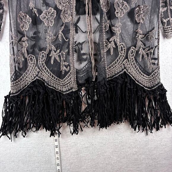 Origami Vivien Kimono Womens OS Embroidered Lace Sheer Boho Gypsy Leather Fringe - Picture 2 of 16